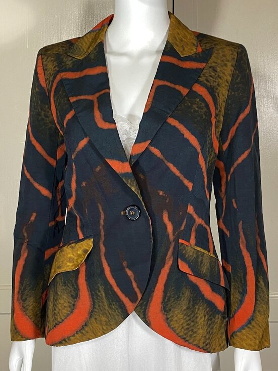 Escada Jackets & Blazers - ESCADA Buella Fantasy Print Blazer Black Brown Rust Orange Tailored Sz 36 (S)
